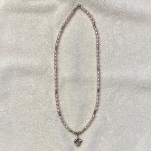 Elegant Pink Blush Freshwater Pearl & Silver Necklace with Fleur-de-Lis Pendant